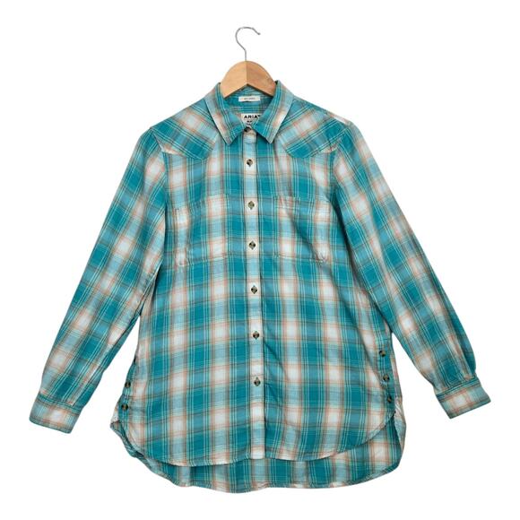 Ariat Real Billie Ray Shirt M Turquoise Plaid Button Down Relaxed Long Sleeve - Picture 1 of 14